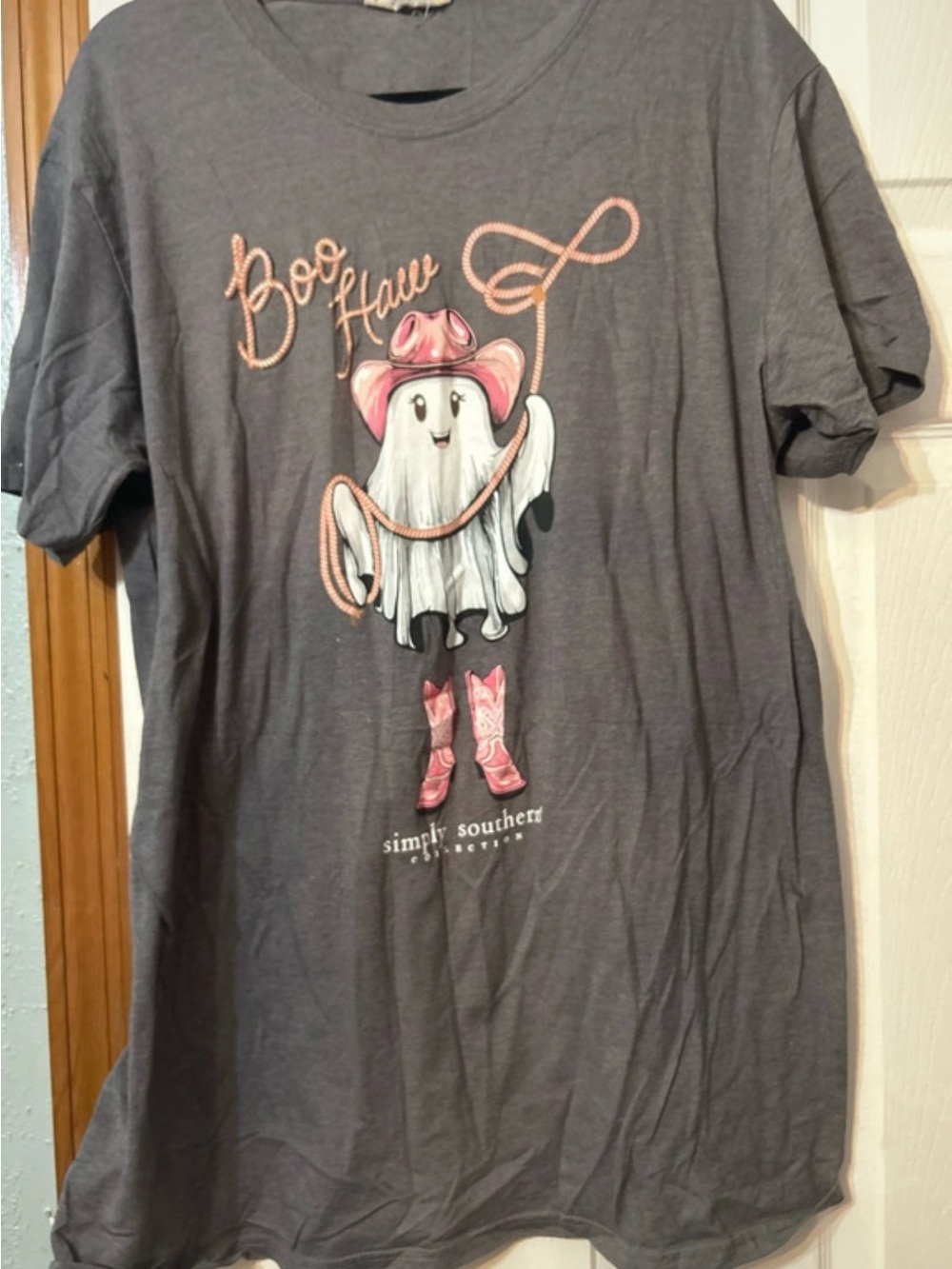 Simply Southern Gray Tee with Pink Ghost Cowboy Graphic
